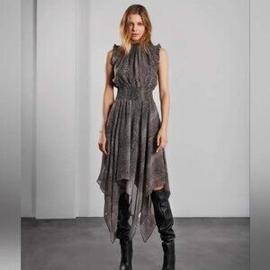 Sen Collection Navy Beige Snake Print Smocked Asymmetric Dress Womens Size Small